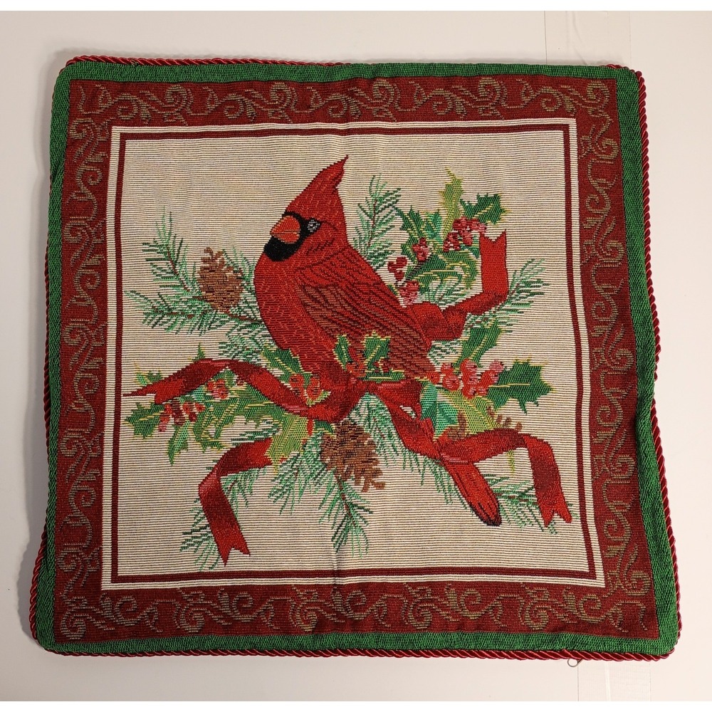 VTG Christmas Cardinal‎ With Poinsettias Tapestry Throw Pillow Cover Only 17" - Picture 2 of 7